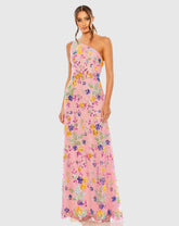 Multicolor One Shoulder Floral Sequin Lace Up Gown